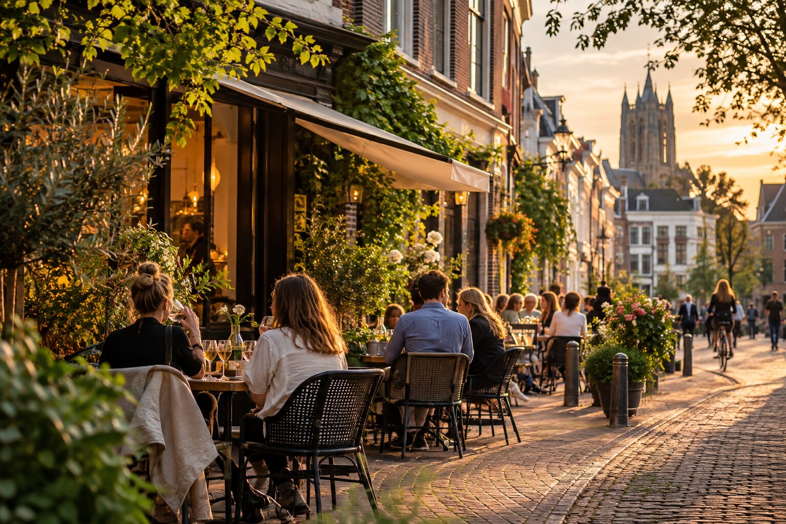 AI-gegenereerd sfeerbeeld van een terras in een Arnhemse straat; geen bestaand café