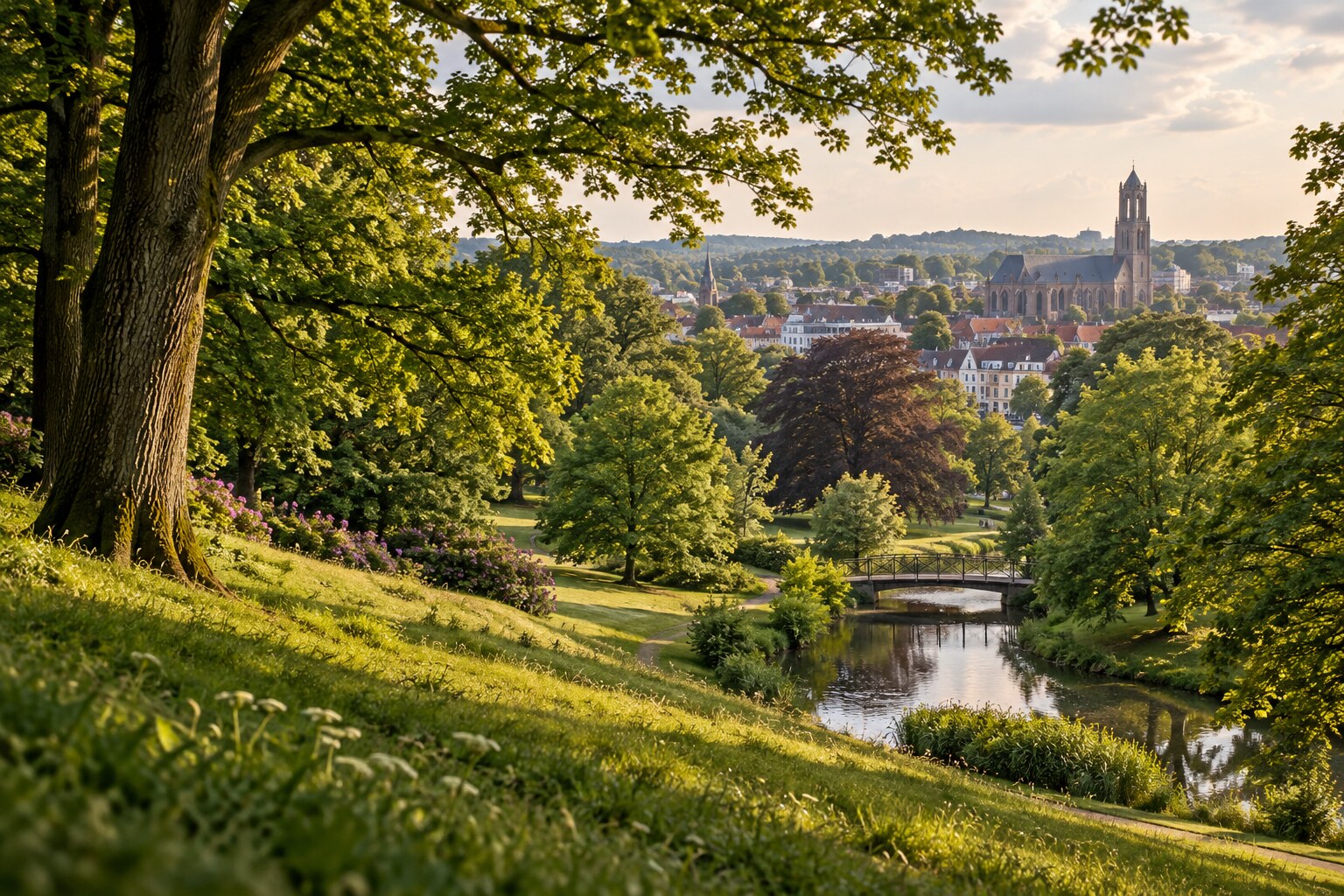 AI-gegenereerd groen sfeerbeeld geïnspireerd op Arnhem; geen exacte foto van Park Sonsbeek